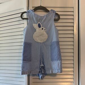 Blue Striped Bunny Appliqué Girls' Romper
